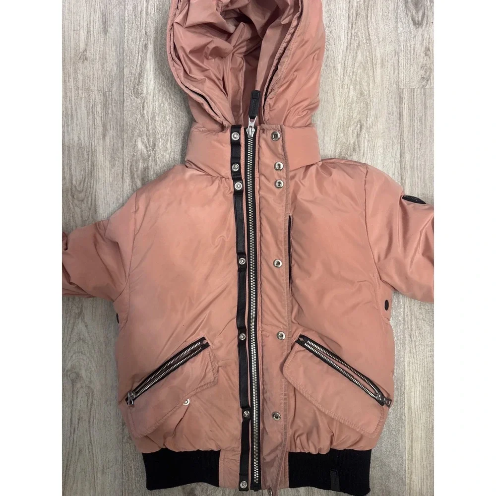 Rudsak Kids Pink Down Bomber Jacket Hooded Puffer Coat Size 7/8 Leather Trim